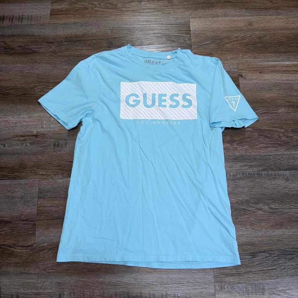Guess Aqua-Blue Crew-Neck Shirt Mens Medium Big Logo Los Angeles Spell-Out